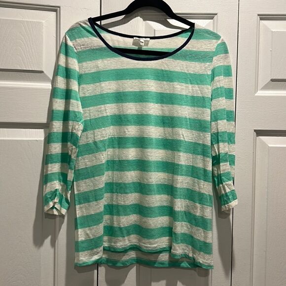 Joie Teal/White lightweight linen striped sweater, Size Large - Picture 1 of 7